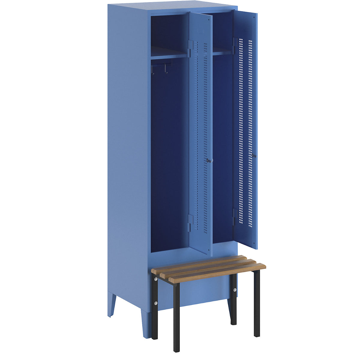 Berlin 1 bench seat clothes locker, 2 compartments, light blue, W 600 mm, bench mounted in front, beech wood.