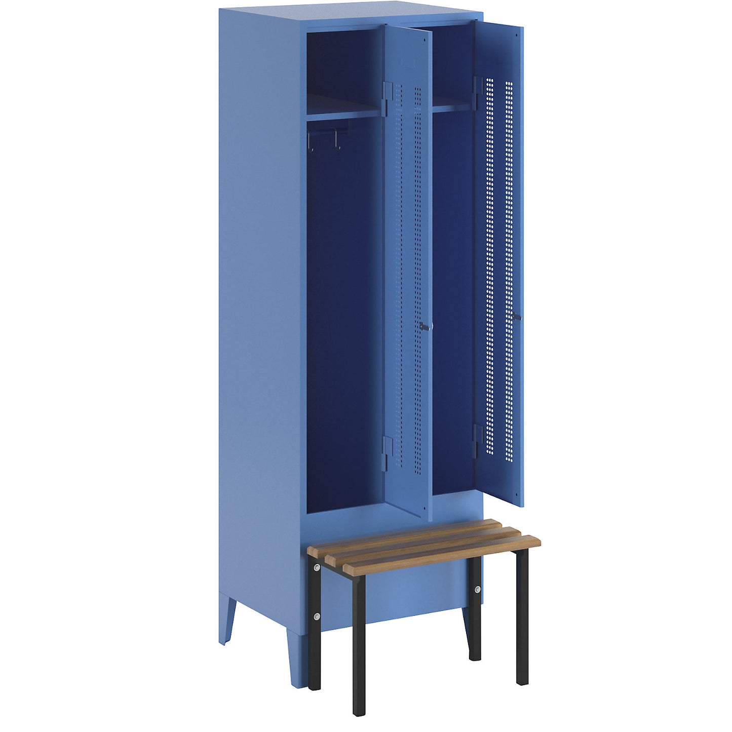 Berlin 1 bench seat clothes locker, 2 compartments, light blue, W 600 mm, bench mounted in front, beech wood.