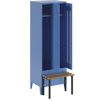 Berlin 1 bench seat clothes locker, 2 compartments, light blue, W 600 mm, bench mounted in front, beech wood.