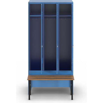 Berlin 2 clothes locker with bench seat, 3 compartments, light blue, W 900 mm, bench mounted in front, beech wood.