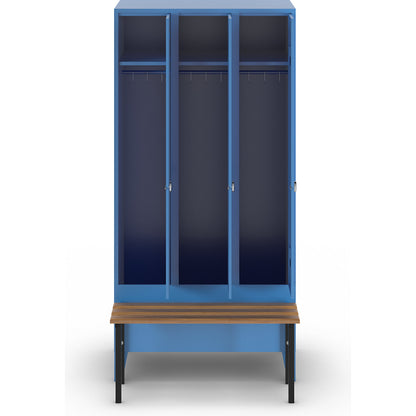 Berlin 1 bench seat clothes locker, 3 compartments, light blue, W 900 mm, bench mounted in front, beech wood.