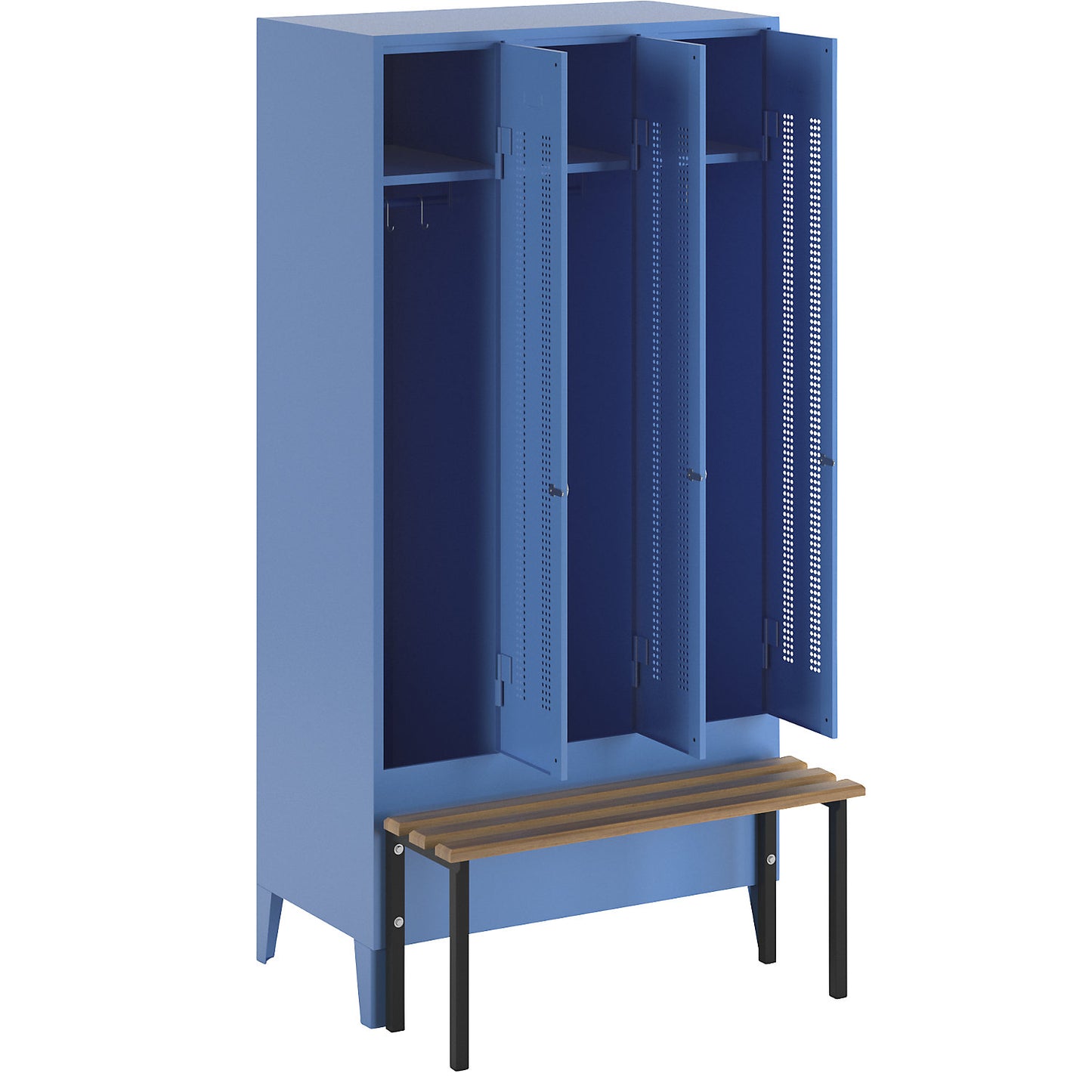 Berlin 1 bench seat clothes locker, 3 compartments, light blue, W 900 mm, bench mounted in front, beech wood.