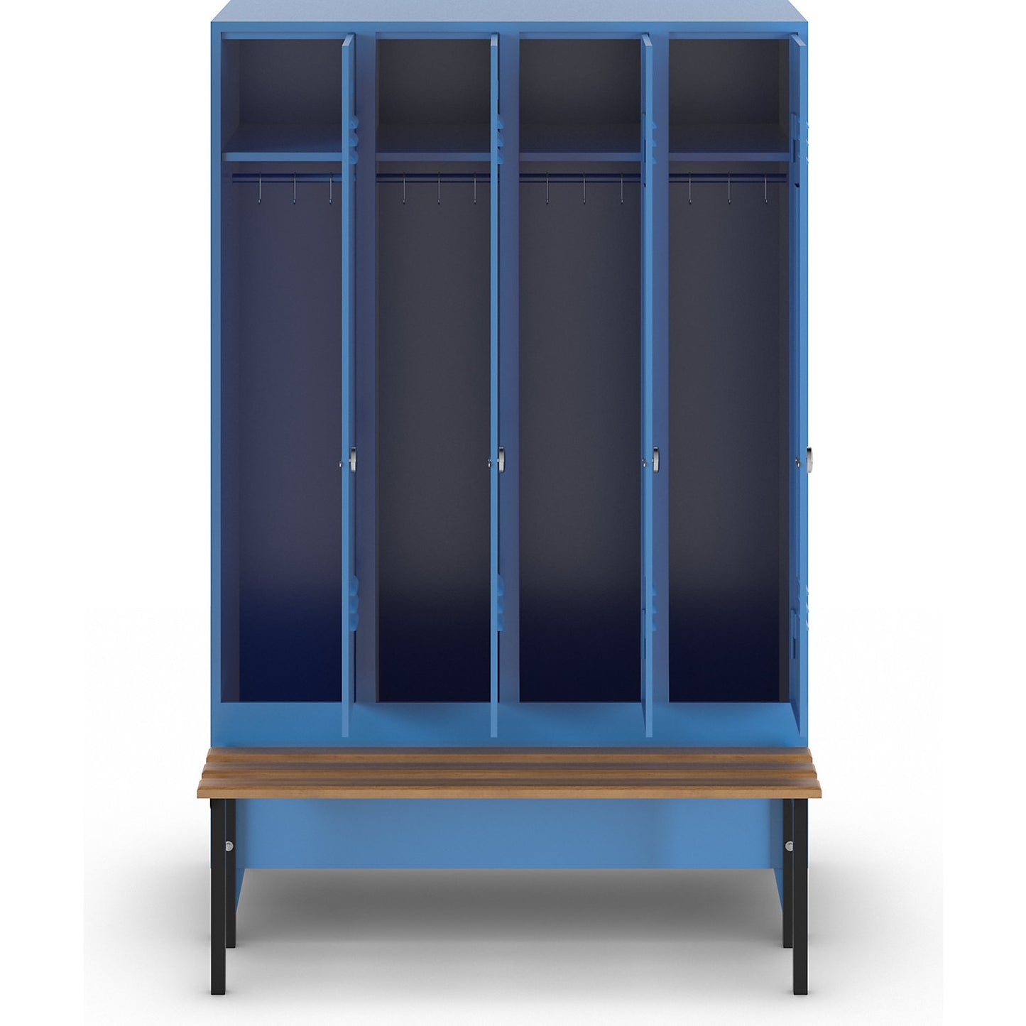 Berlin 2 clothes locker with bench seat, 4 compartments, light blue, W 1200 mm, bench mounted in front, beech wood.