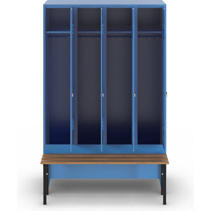 Berlin 2 clothes locker with bench seat, 4 compartments, light blue, W 1200 mm, bench mounted in front, beech wood.