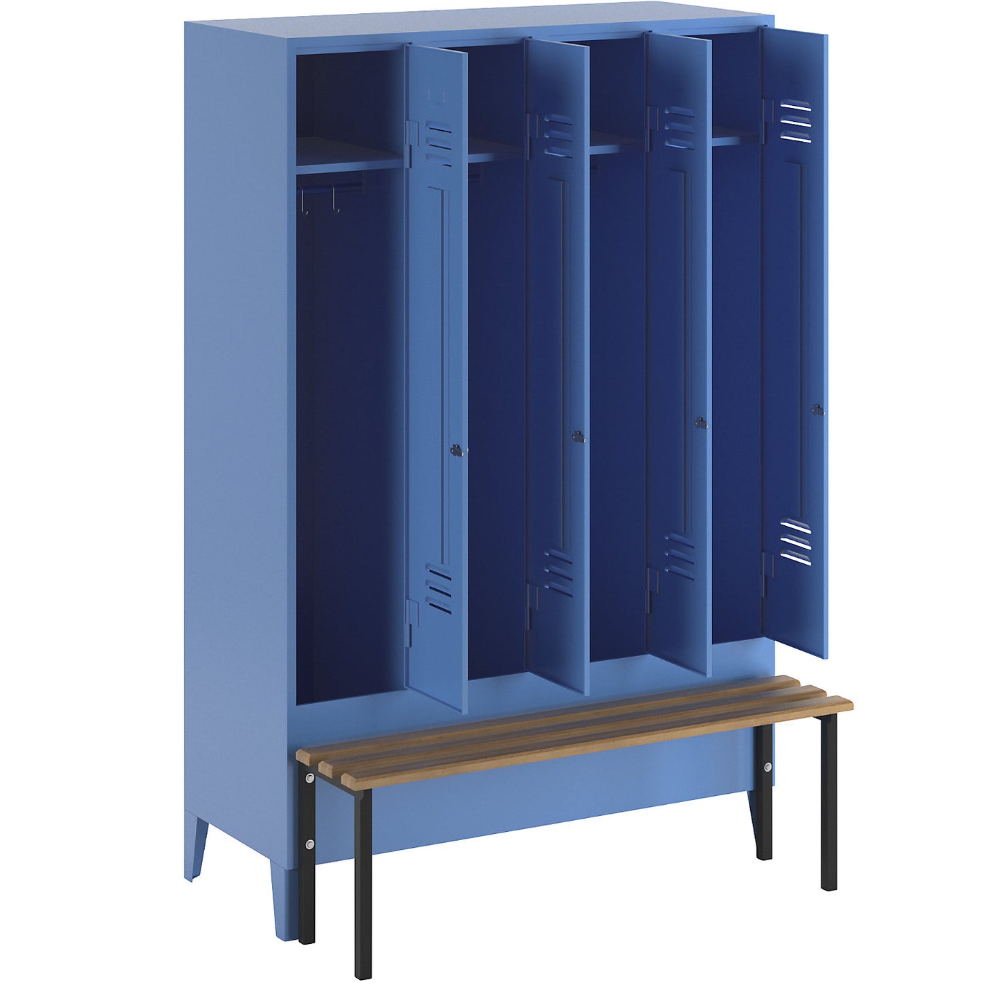 Berlin 2 clothes locker with bench seat, 4 compartments, light blue, W 1200 mm, bench mounted in front, beech wood.
