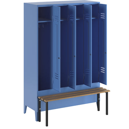Berlin 2 clothes locker with bench seat, 4 compartments, light blue, W 1200 mm, bench mounted in front, beech wood.