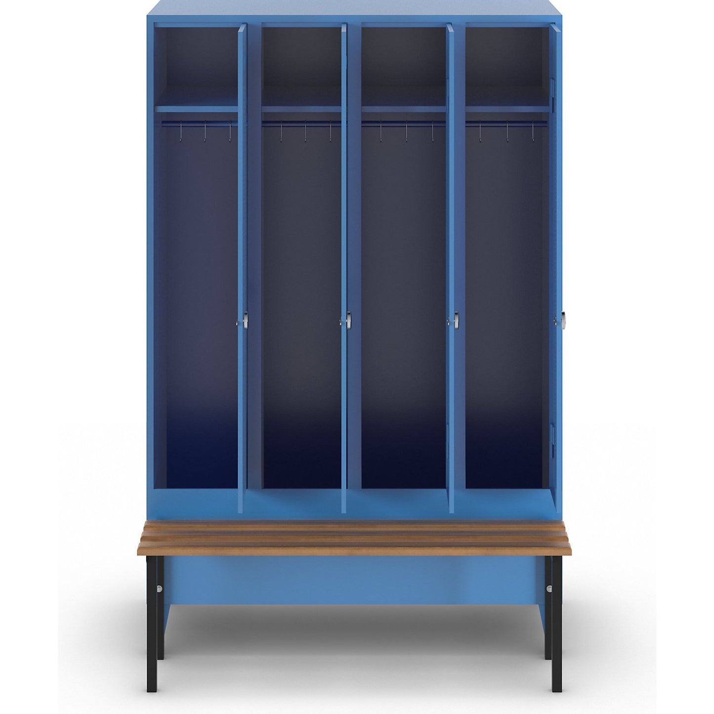 Berlin 1 bench seat clothes locker, 4 compartments, light blue, W 1200 mm, bench mounted in front, beech wood.