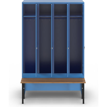Berlin 1 bench seat clothes locker, 4 compartments, light blue, W 1200 mm, bench mounted in front, beech wood.