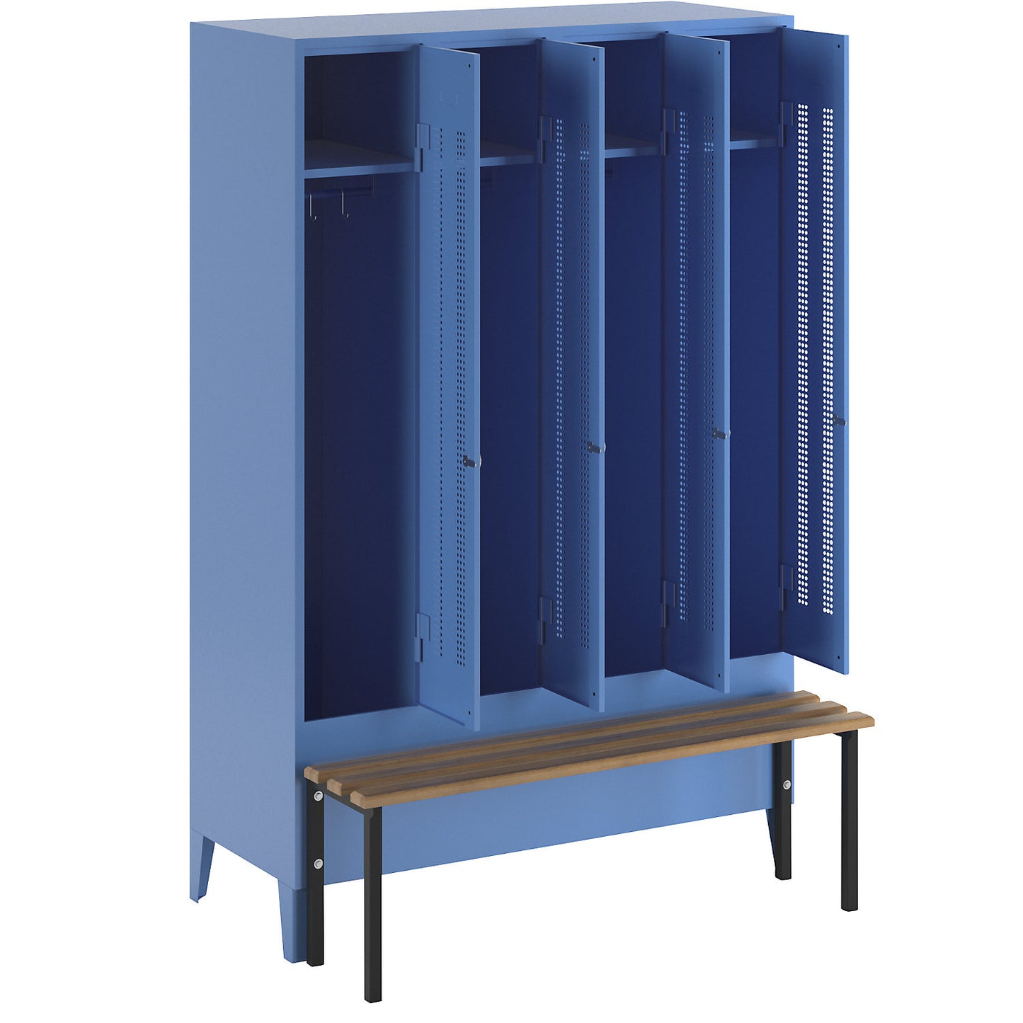 Berlin 1 bench seat clothes locker, 4 compartments, light blue, W 1200 mm, bench mounted in front, beech wood.