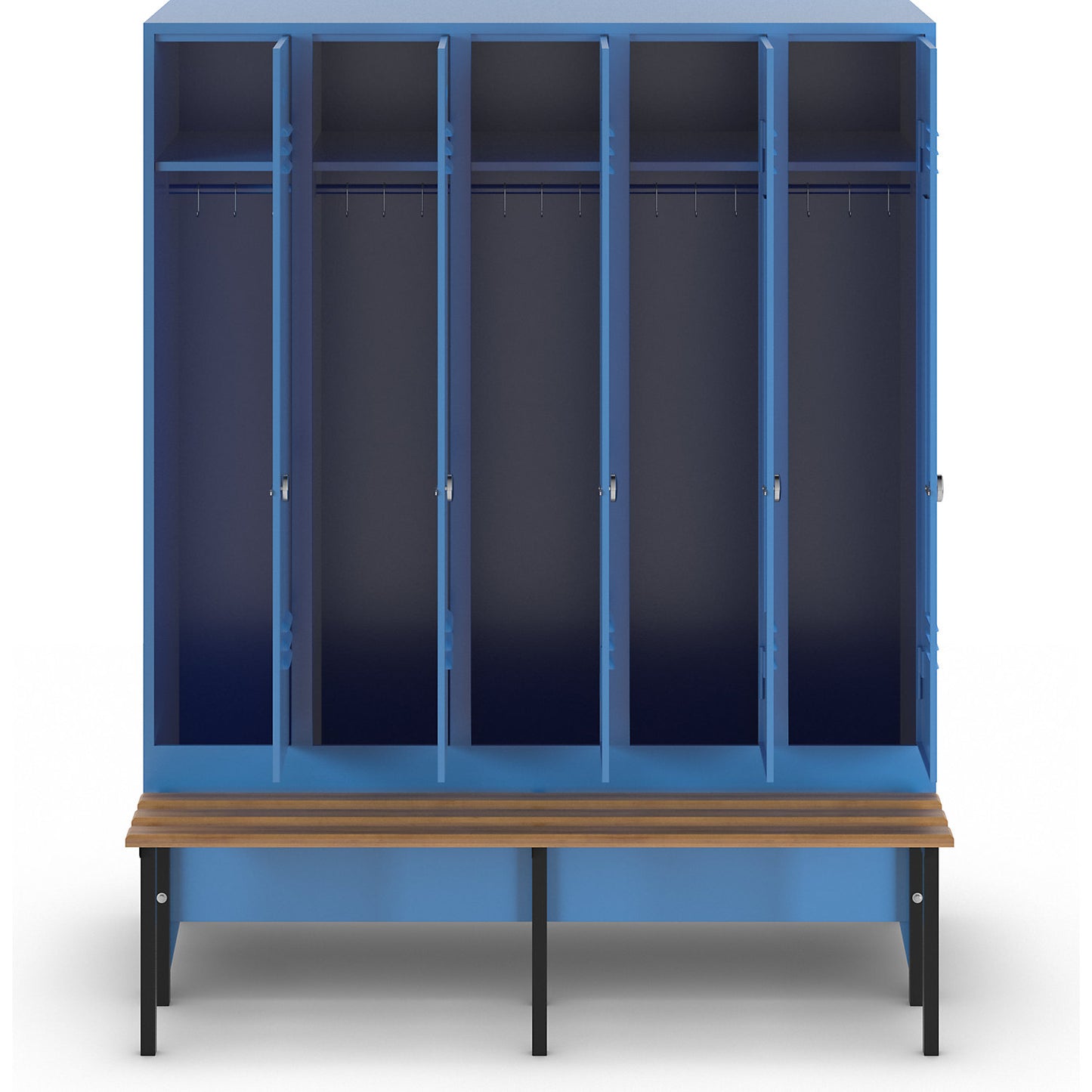 Berlin 2 clothes locker with bench seat, 5 compartments, light blue, W 1500 mm, bench mounted in front, beech wood.