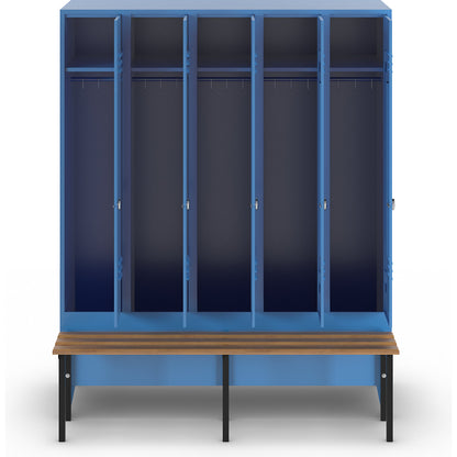 Berlin 2 clothes locker with bench seat, 5 compartments, light blue, W 1500 mm, bench mounted in front, beech wood.