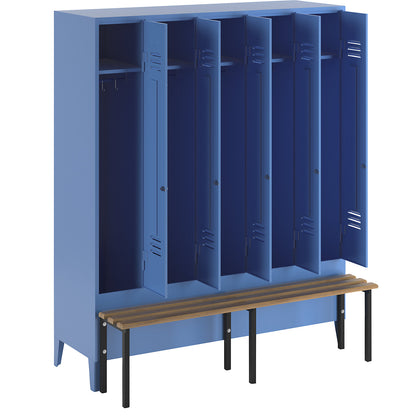 Berlin 2 clothes locker with bench seat, 5 compartments, light blue, W 1500 mm, bench mounted in front, beech wood.