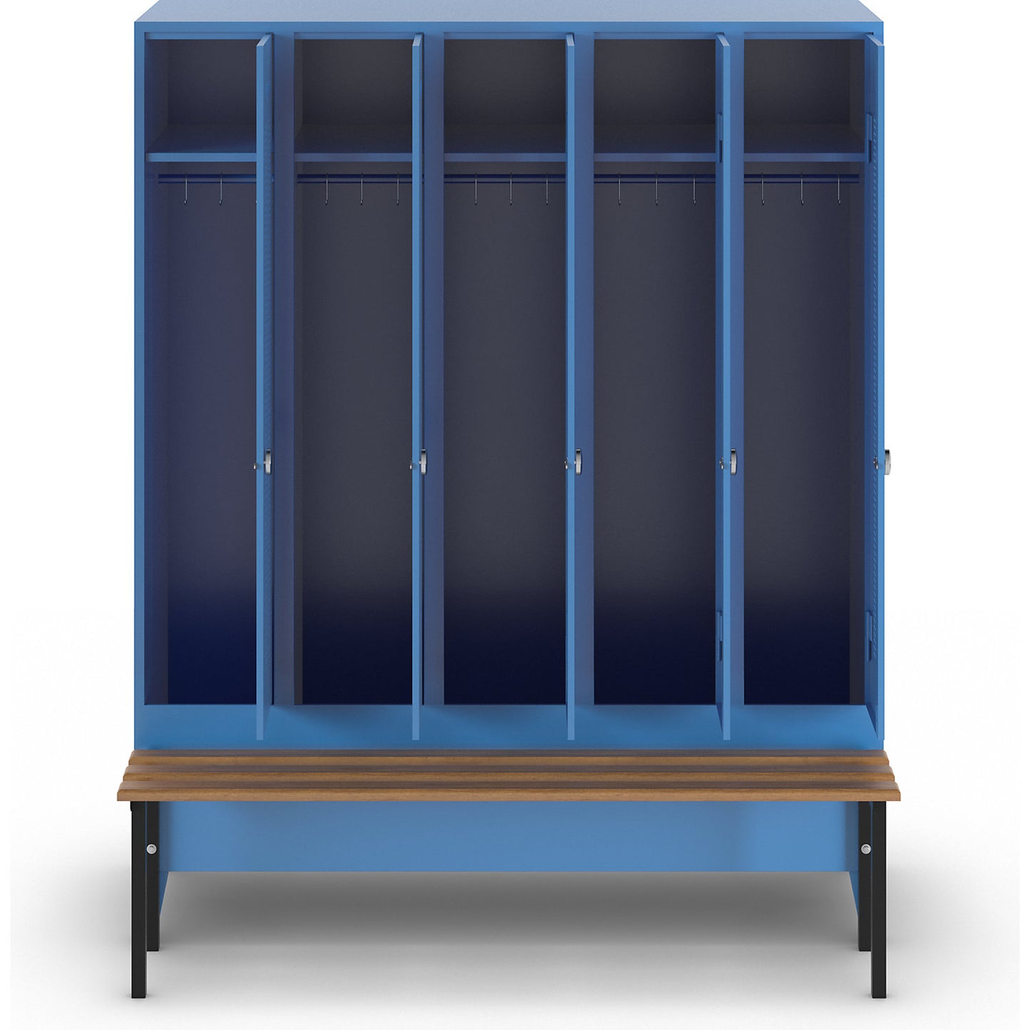 Berlin 1 bench seat clothes locker, 5 compartments, light blue, W 1500 mm, bench mounted in front, beech wood.