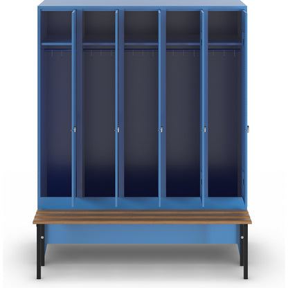 Berlin 1 bench seat clothes locker, 5 compartments, light blue, W 1500 mm, bench mounted in front, beech wood.
