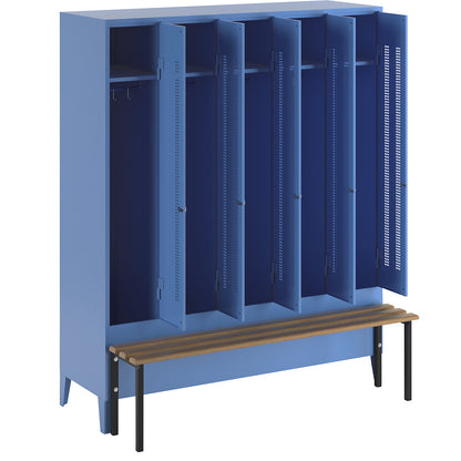 Berlin 1 bench seat clothes locker, 5 compartments, light blue, W 1500 mm, bench mounted in front, beech wood.