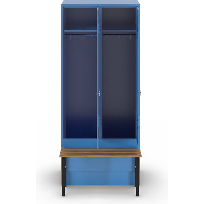 Berlin 2 clothes locker with bench seat, 2 compartments, light blue, W 800 mm, bench mounted in front, beech wood.