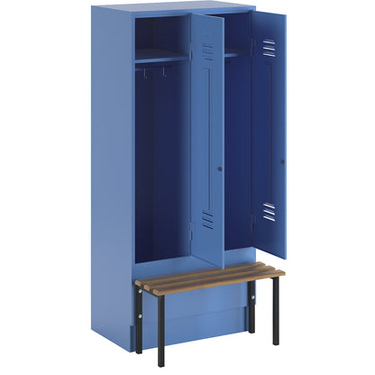 Berlin 2 clothes locker with bench seat, 2 compartments, light blue, W 800 mm, bench mounted in front, beech wood.