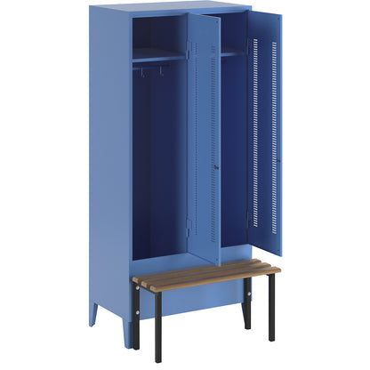 Berlin 1 bench seat clothes locker, 2 compartments, light blue, W 800 mm, bench mounted in front, beech wood.