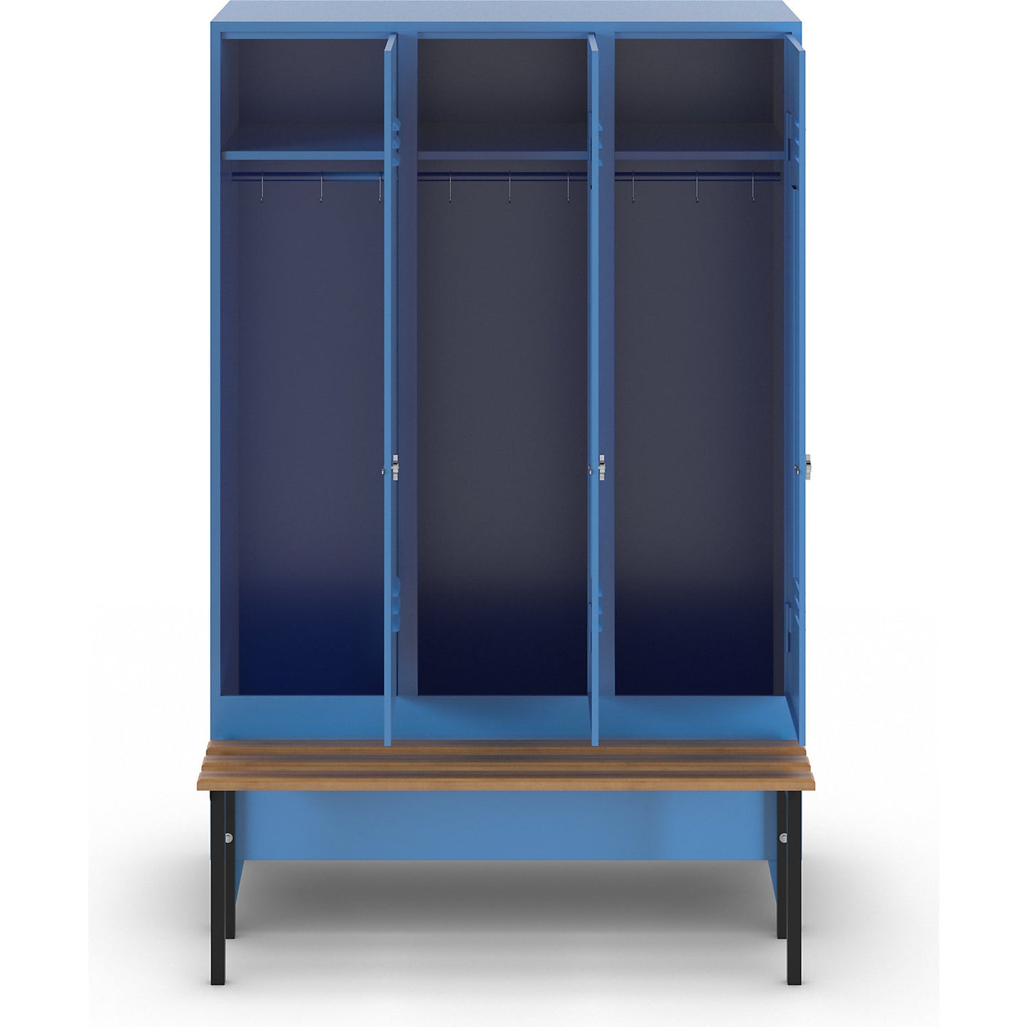 Berlin 2 clothes locker with bench seat, 3 compartments, light blue, W 1200 mm, bench mounted in front, beech wood.