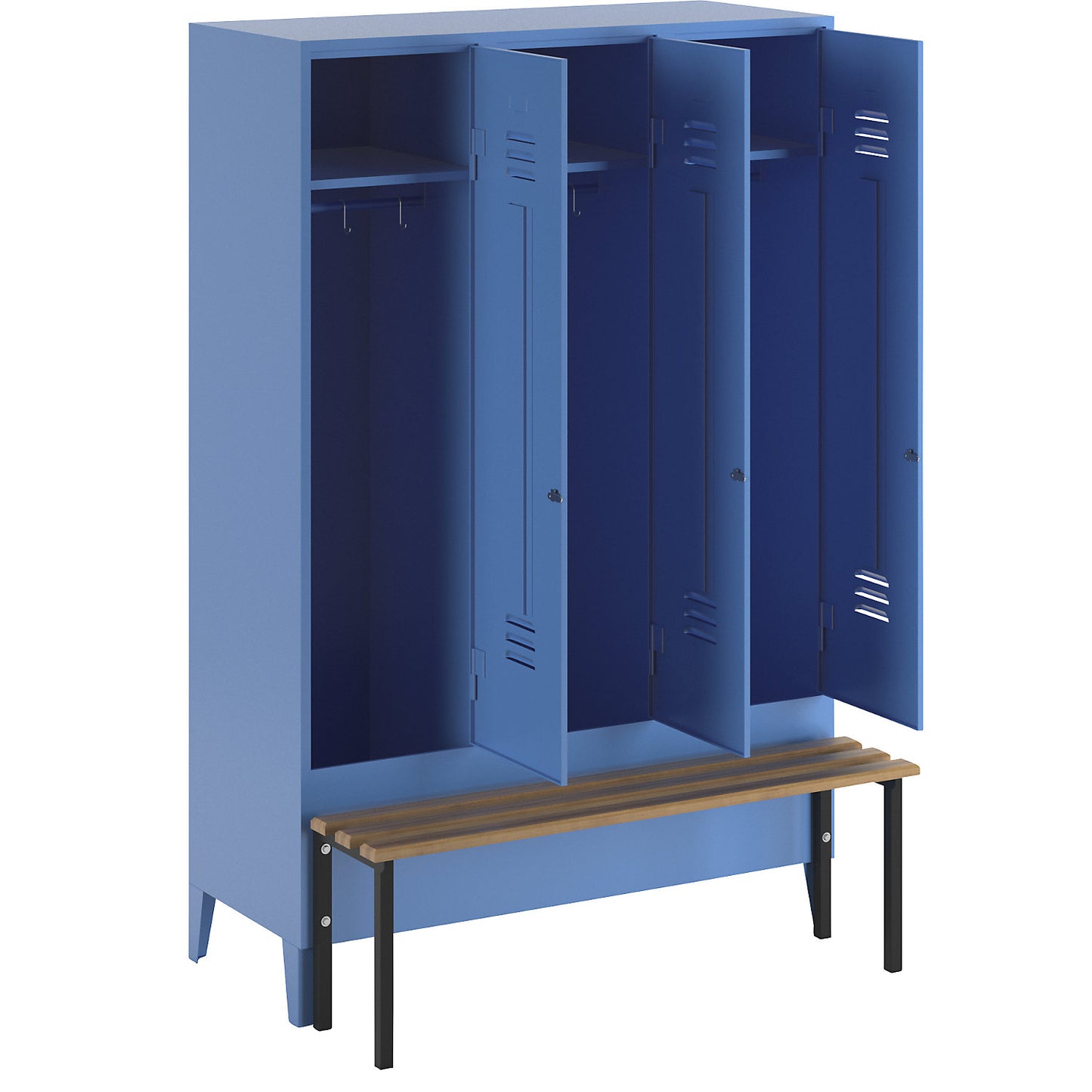 Berlin 2 clothes locker with bench seat, 3 compartments, light blue, W 1200 mm, bench mounted in front, beech wood.
