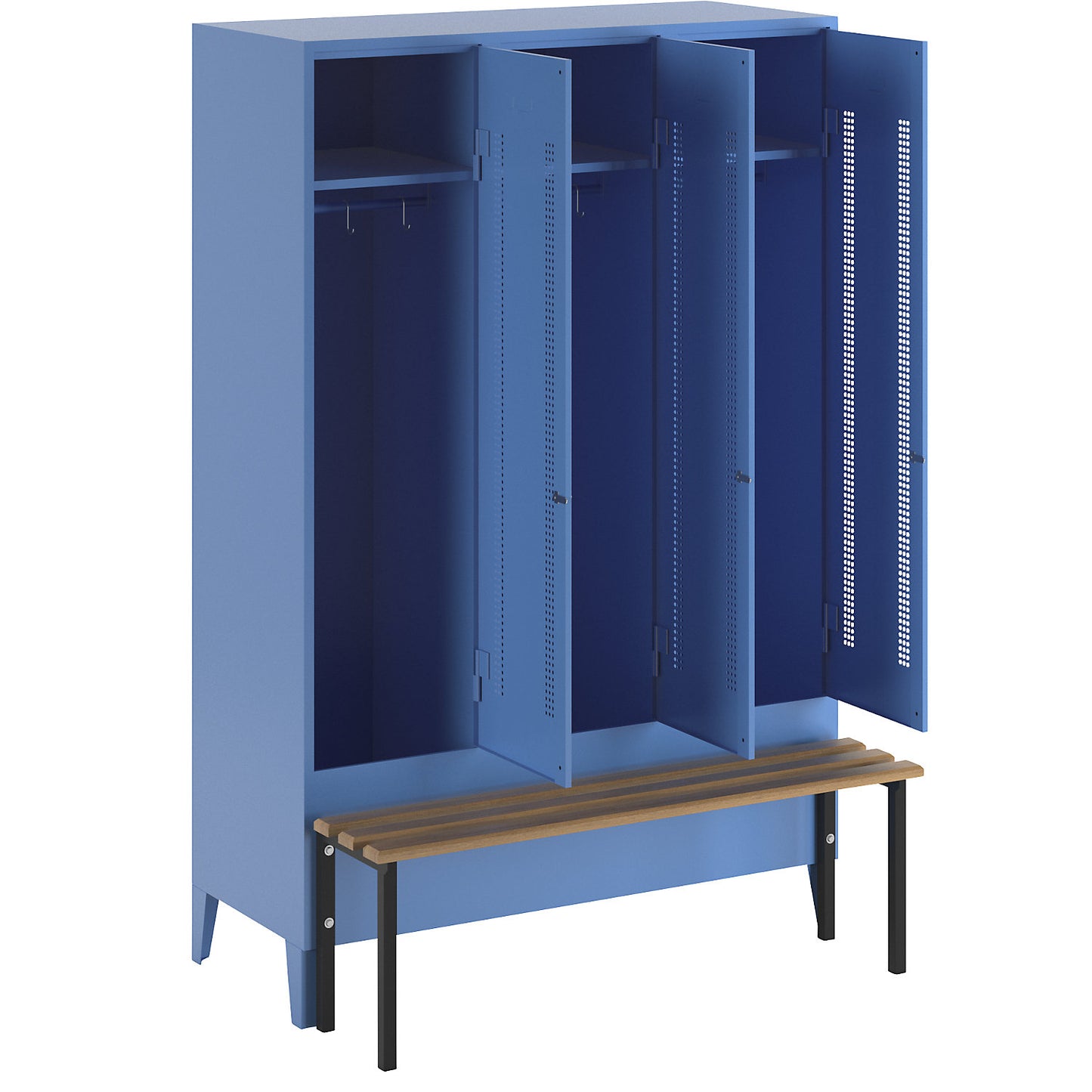 Berlin 1 bench seat clothes locker, 3 compartments, light blue, W 1200 mm, bench mounted in front, beech wood.