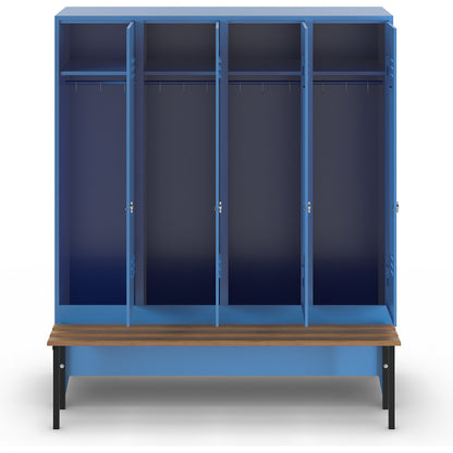 Berlin 2 clothes locker with bench seat, 4 compartments, light blue, W 1600 mm, bench mounted in front, beech wood.