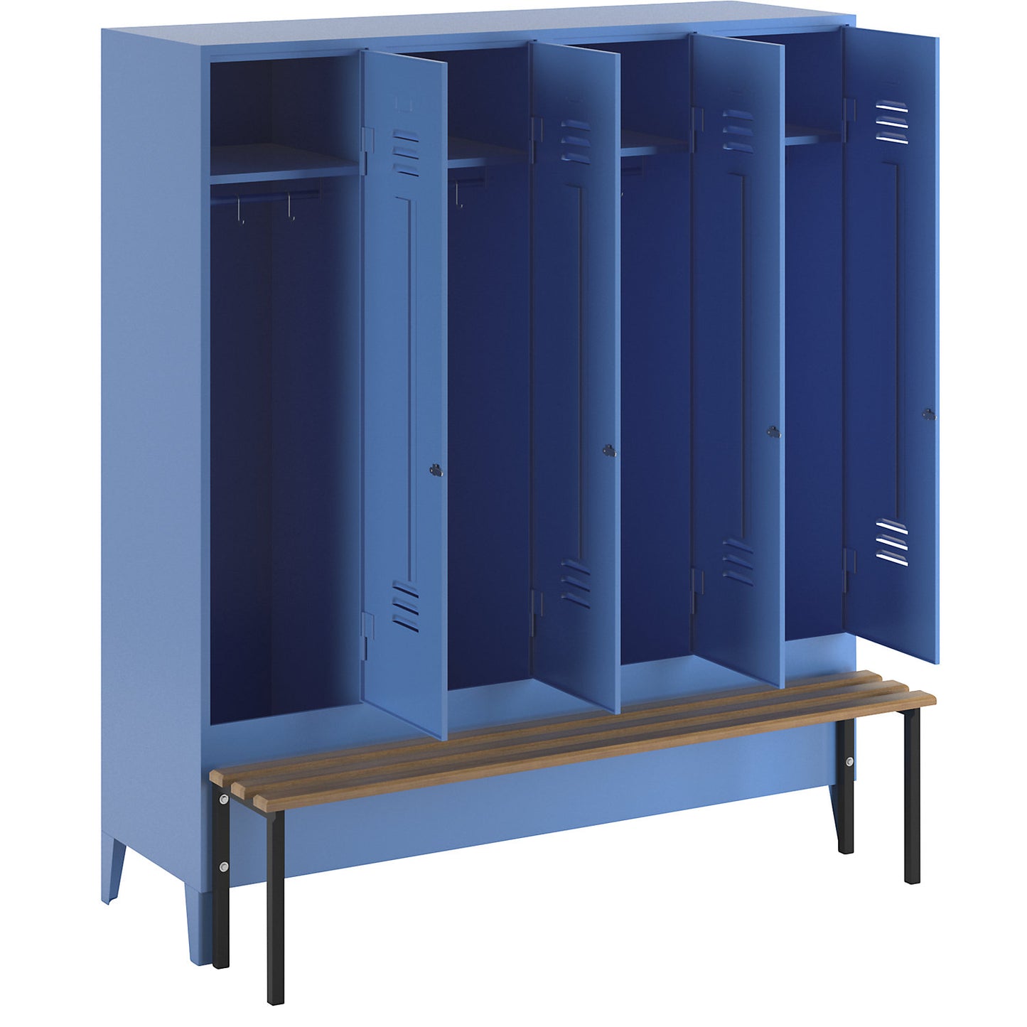 Berlin 2 clothes locker with bench seat, 4 compartments, light blue, W 1600 mm, bench mounted in front, beech wood.