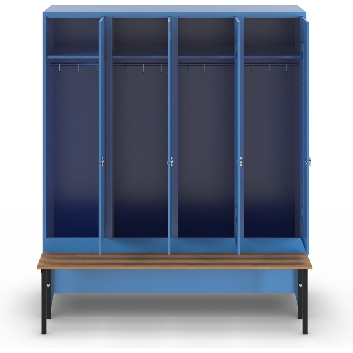 Berlin 1 bench seat clothes locker, 4 compartments, light blue, W 1600 mm, bench mounted in front, beech wood.