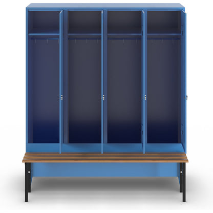 Berlin 1 bench seat clothes locker, 4 compartments, light blue, W 1600 mm, bench mounted in front, beech wood.