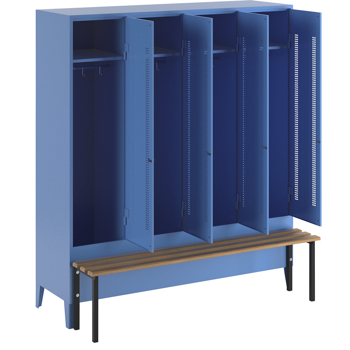 Berlin 1 bench seat clothes locker, 4 compartments, light blue, W 1600 mm, bench mounted in front, beech wood.