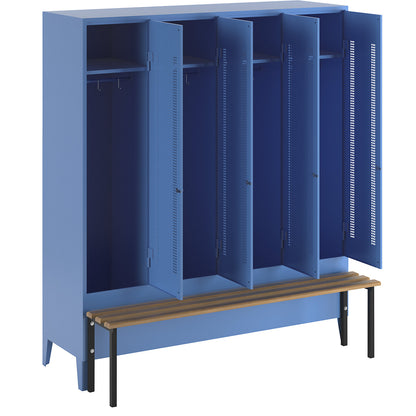 Berlin 1 bench seat clothes locker, 4 compartments, light blue, W 1600 mm, bench mounted in front, beech wood.