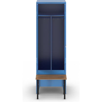 Berlin 2 clean and dirty locker with bench seat, centre divider, 1 compartment, light blue, W 600 mm, bench mounted in front, beech wood.