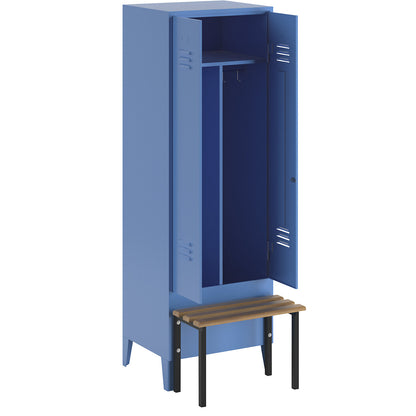 Berlin 2 clean and dirty locker with bench seat, centre divider, 1 compartment, light blue, W 600 mm, bench mounted in front, beech wood.