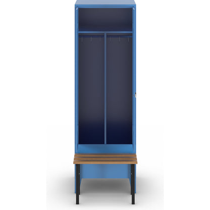 Berlin 1 clean and dirty locker with bench seat, centre divider, 1 compartment, light blue, W 600 mm, bench mounted in front, beech wood.