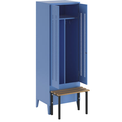 Berlin 1 clean and dirty locker with bench seat, centre divider, 1 compartment, light blue, W 600 mm, bench mounted in front, beech wood.