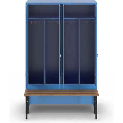 Berlin 2 clean and dirty locker with bench seat, centre divider, 2 compartments, light blue, W 1200 mm, bench mounted in front, beech wood.