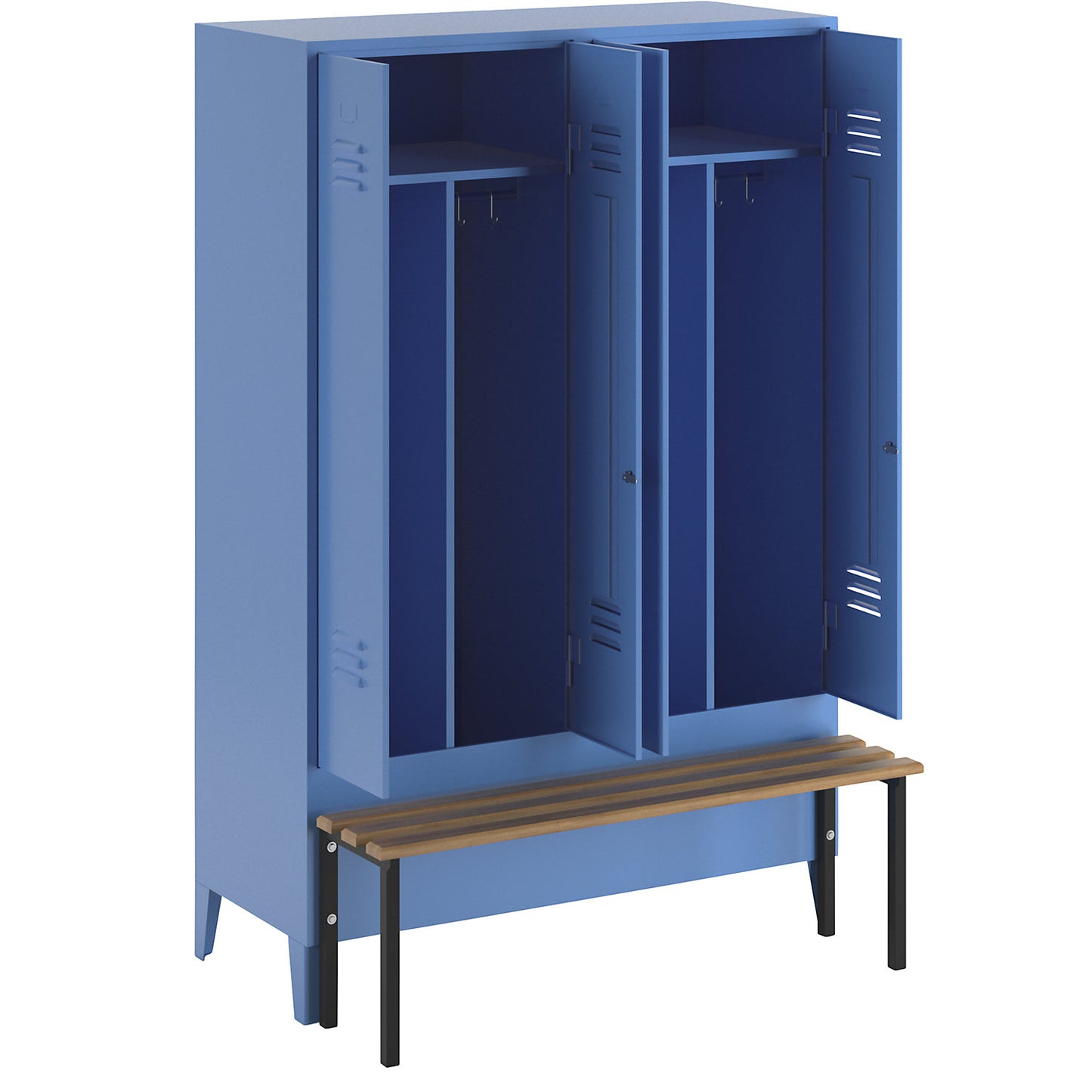 Berlin 2 clean and dirty locker with bench seat, centre divider, 2 compartments, light blue, W 1200 mm, bench mounted in front, beech wood.