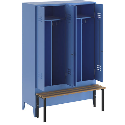 Berlin 2 clean and dirty locker with bench seat, centre divider, 2 compartments, light blue, W 1200 mm, bench mounted in front, beech wood.
