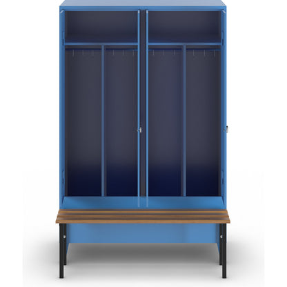 Berlin 1 clean and dirty locker with bench seat, centre divider, 2 compartments, light blue, W 1200 mm, bench mounted in front, beech wood.