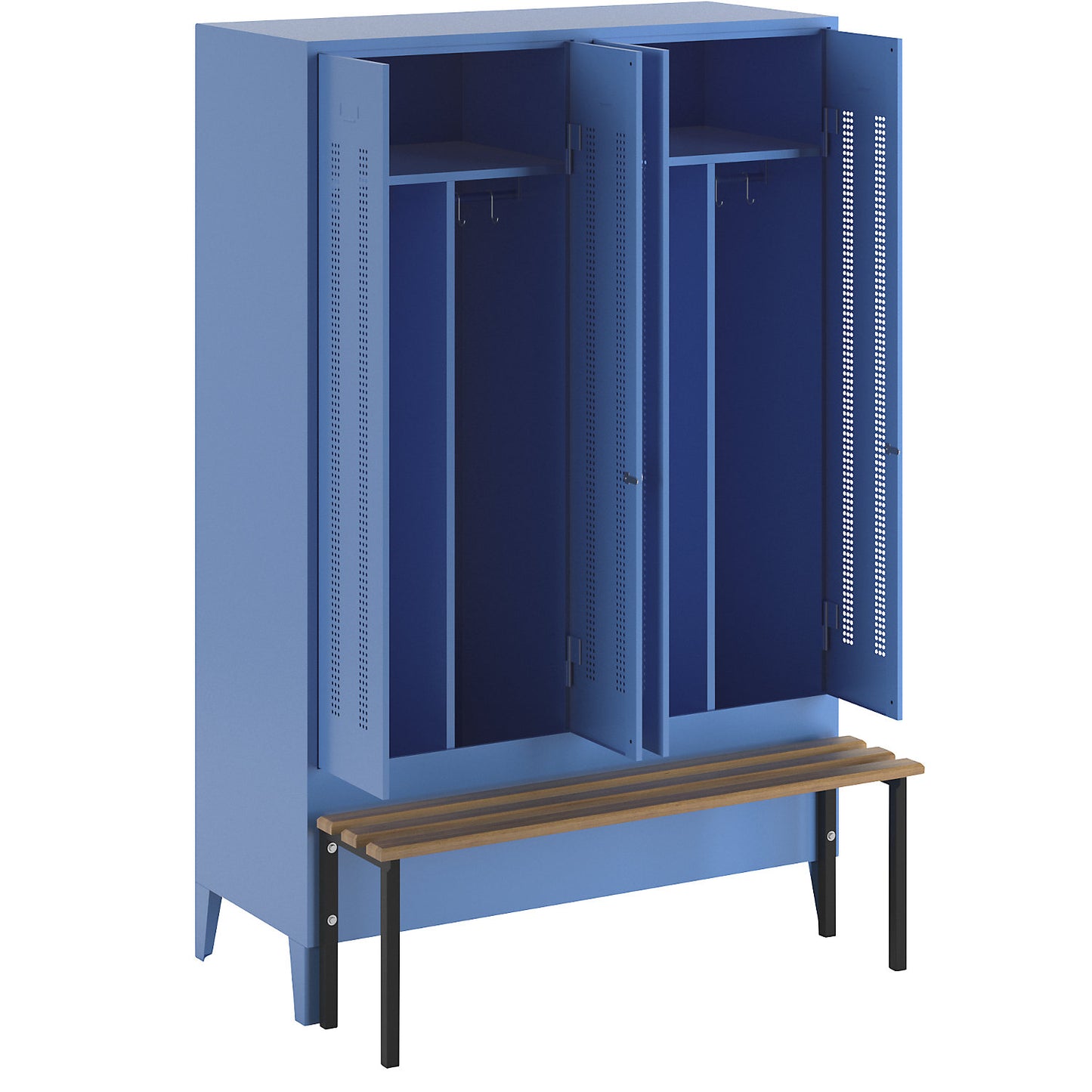 Berlin 1 clean and dirty locker with bench seat, centre divider, 2 compartments, light blue, W 1200 mm, bench mounted in front, beech wood.