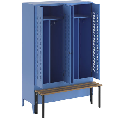 Berlin 1 clean and dirty locker with bench seat, centre divider, 2 compartments, light blue, W 1200 mm, bench mounted in front, beech wood.
