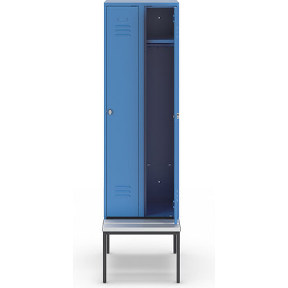 Berlin 2 clothes locker with bench seat, 2 compartments, light blue, W 600 mm, bench fitted below, plastic.