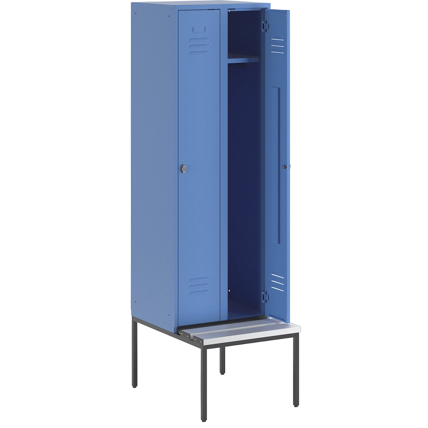 Berlin 2 clothes locker with bench seat, 2 compartments, light blue, W 600 mm, bench fitted below, plastic.