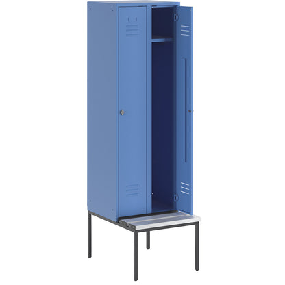 Berlin 2 clothes locker with bench seat, 2 compartments, light blue, W 600 mm, bench fitted below, plastic.