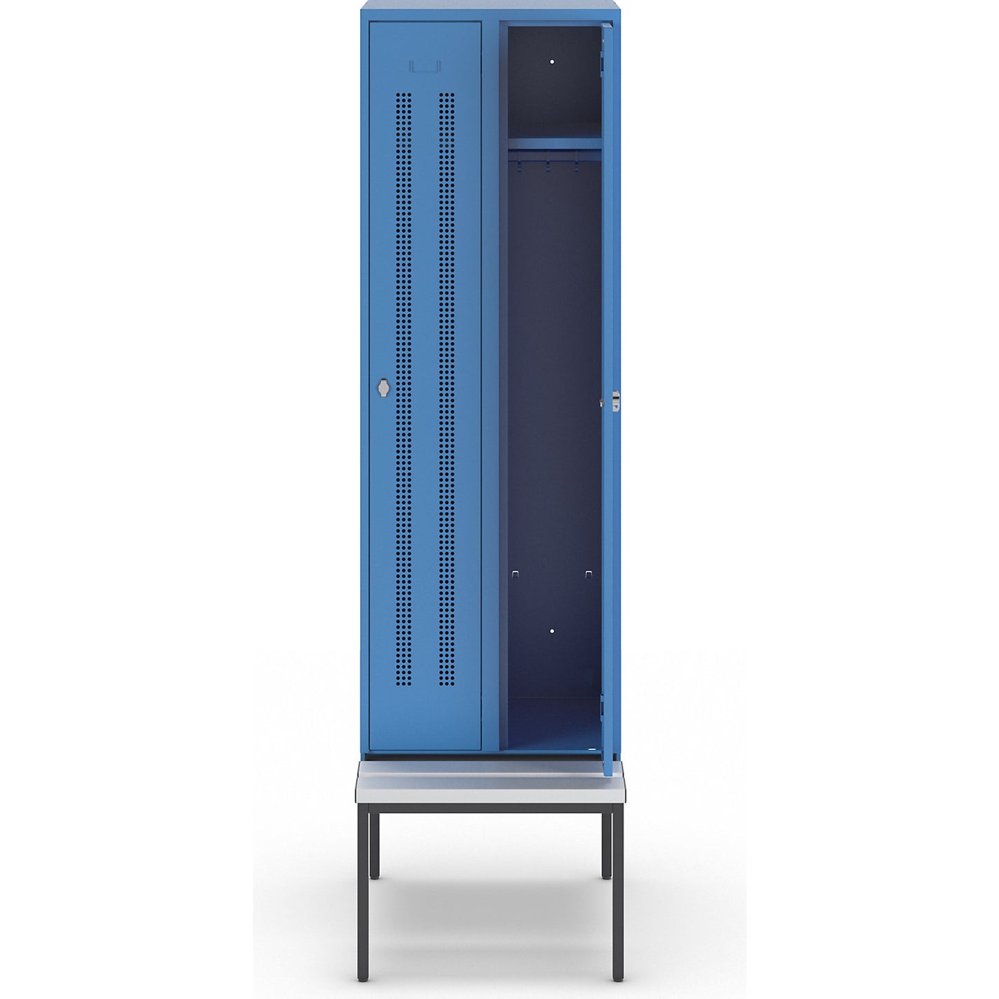 Berlin 1 bench seat clothes locker, 2 compartments, light blue, W 600 mm, bench fitted below, plastic.