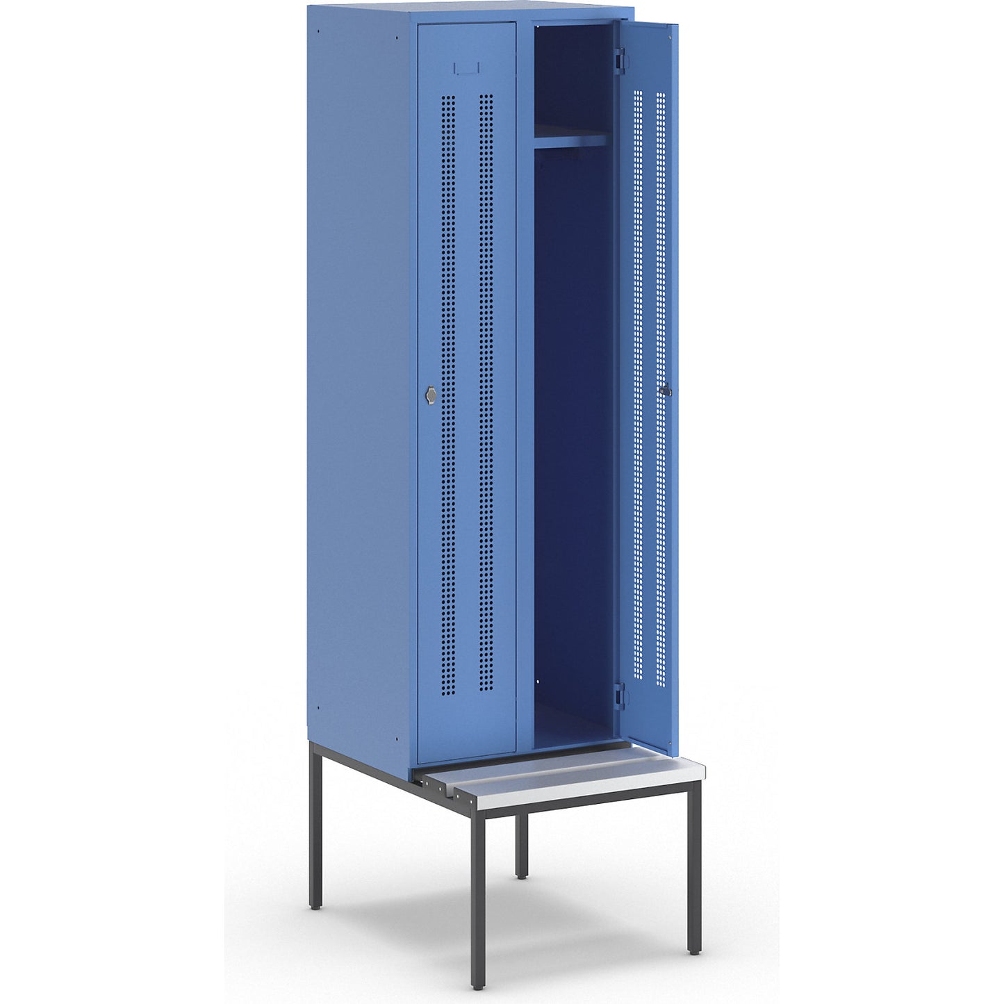 Berlin 1 bench seat clothes locker, 2 compartments, light blue, W 600 mm, bench fitted below, plastic.