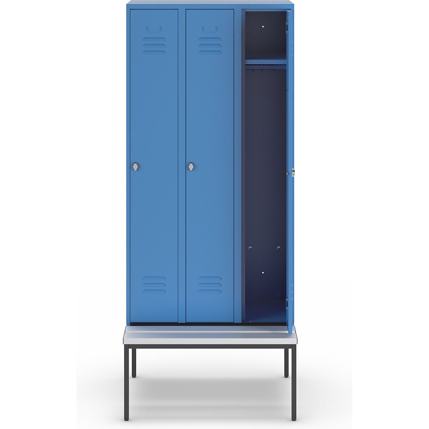 Berlin 2 clothes locker with bench seat, 3 compartments, light blue, W 900 mm, bench fitted below, plastic.