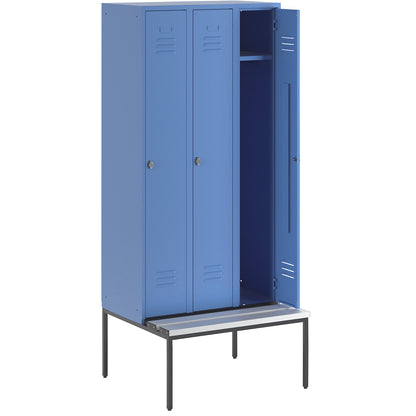 Berlin 2 clothes locker with bench seat, 3 compartments, light blue, W 900 mm, bench fitted below, plastic.