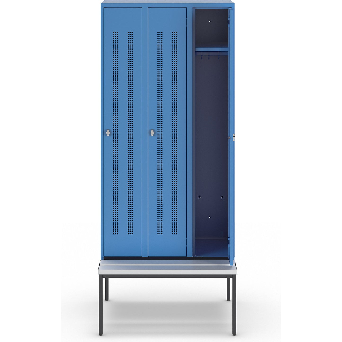 Berlin 1 bench seat clothes locker, 3 compartments, light blue, W 900 mm, bench fitted below, plastic.