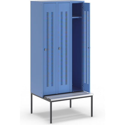 Berlin 1 bench seat clothes locker, 3 compartments, light blue, W 900 mm, bench fitted below, plastic.